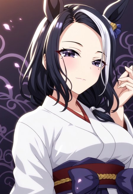 detailed background,  shiny skin, posing, rating safe,
rmnsd, horse girl, multicolored hair, streaked hair, ear ornament, mole under eye saimin.il,
saimin, tsubaki,  
clothed girl, kimono, 18 years old ,women,solo,1girl