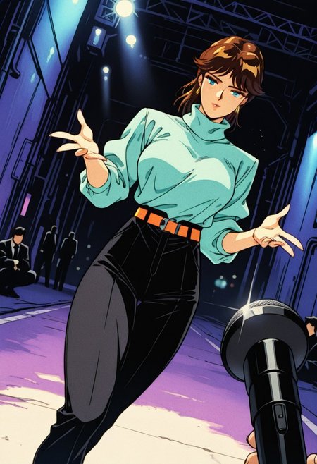 JaquelineMoyertMB, 1girl, solo, brown hair, medium hair, bangs, blue eyes, eyelashes, nose, pink lips, earrings, large breast, thick thighs, pale aqua turtleneck, orange belt, black pants, blue shoes, elbow sleeves,  handbag, news microphone,
,seductive pose, sexy pose, tease, 
masterpiece, best quality, ultra-detailed, very aesthetic, detailed background, very aesthetic, newest, scenery, highres, 4k, absurdres, 8k, colorful,vibrant, glowing, perfect face, 2d, perfect eyes, detailed eyes, 
 masterpiece, best quality, ultra-detailed, very aesthetic, newest, scenery, absurdres, perfect anatomy, , perfect face, perfect eyes, mature body, clear eyes, beautiful eyes, athletic, curvy body, athletic girl, perky tits, perfect tits, round breasts, pinup pose, teasing, lustful expression,
muscular female, dutch angle,
reporter, with a news microphone in her hand,  bokeh, in a distant photo shoot, on the street, reporting from the scene,
,detailed eyes,Smooth Negative, highres, absurdres,   uncensored, 90s_anime_aesthetic, 1990s (style), retro, retro artstyle,retro_artstyle, retro, cyberpunk