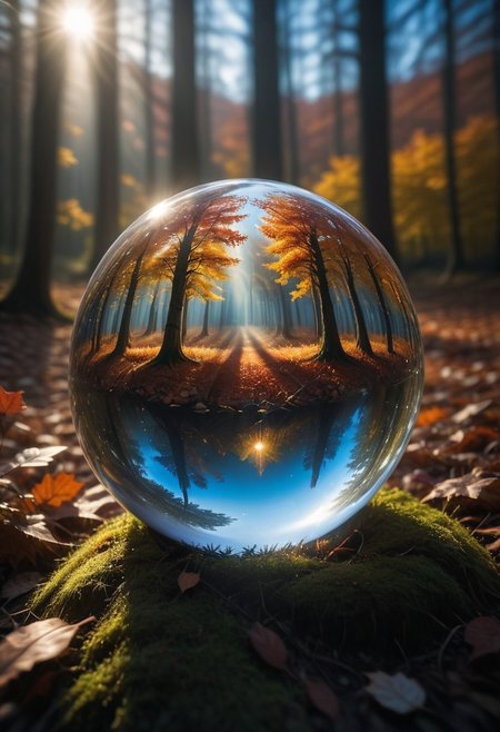 Crystal ball containing a forest ablaze with autumn colors, 
under a pristine blue sky, 
mysterious ambiance, 
capturing the essence of fall, 
sharp reflections, 
perfect clarity, 
dramatic lighting, 
ultra clear., 
Mysterious