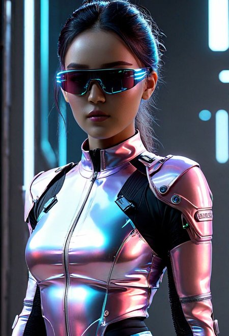 score_9, score_8_up, score_7_up, raw,32K, UHDR, (ultra-quality:1.6),1girl, in Cyberpunk style, revealing and exposing clothes, cinematic, wearing lit fiber optics, oxigen-support-gadgets, strong parallel lines and nodes, extremely detailed cute face,
Tech-infused, advanced materials bound technology and design. stimuli reactive to color-changing , psicho texture-shifting. ,integrate neon lights for visual flair.  sleek, angular shapes with sharp lines, including bodysuits and structured jackets. High-tech accessories are integral futuristic AR glasses, neural interfaces and cybernetic jewelry.  cargo pants, utility belts, and harnesses for gadgets. Bold colors dominate, with vibrant neons and electric obsidian:0.9 or pink:0.6 contrasting against deep agate:0.9 or pure-snow-white:0.9. Dystopian influences inspire distressed fabrics, industrial hardware, and asymmetrical designs, reflecting the chaotic cyberpunk ethos. glowing boots