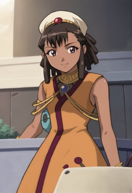 score_9_up, source_anime, amarone_sliantheav, 1girl, brown hair, dark skin, dark-skinned female,  black hair,  jewelry, short hair, brown eyes, purple eyes, bracelet,   sidelocks, long hair, ponytail,  dreadlocks, asymmetrical bangs, hat,dress,sleeveless. smile.
