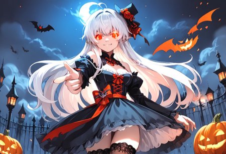 (masterpiece), (score_9, score_8_up, score_7_up,source_anime), 4K8K, 
(from front), misty, steam, fog, Floating Halloween pumpkins, 
halloween, halloween fantasy, 
Japanese cute woman, (solo), (white sikin:1.3),  vampirequeen, (finger gun, pointing at viewer:1.4), burning pumpkin, (dark aura:1.4), (smirk, closed mouth, Canine, tooth, fang1.2), 
(medium figure:0.9), (pointy breasts:1.1), 
(white hair, verry long hair), (red glowing eyes, slanted eyes:1.2), 
(wearing vampire cos, dress, makeup, red and black dress, zettai ryouiki, thighhighs:1.2), 
(BloforMB, red theme, scenery at dark night:1.3), elf ears,