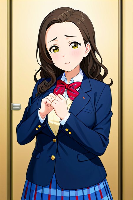 anime, best quality, (masterpiece:1.4), (high quality:1.4), sharp focus, 4k, absurd resolution, detailed hands, curly hair, long hair, (black hair:1.6), 1girl, mature female, (parted hair:1.7), (round face), (no_bangs:1.3), (no_fringe:1.6), <lora:ETO_OC_XL:0.7>, looking at viewer, (thick eyebrows), (plump:0.8), round-chin, (greenish brown eyes), (brownish green eyes), big breasts, caucasian, down-turned eyes, blush, 1girl, forehead, <lora:printemps lovelive XL:0.8> winter uniform, blue blazer, summer uniform, yellow vest, casual,