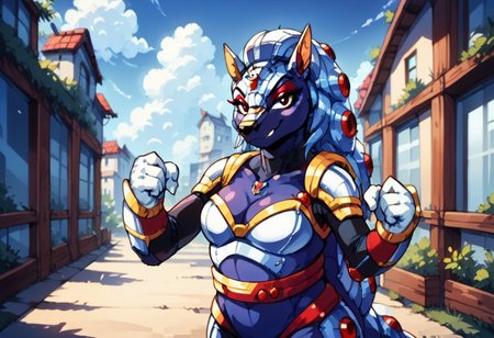 score_9, score_8_up, score_7_up, source_furry, cowboy shot, armored animal, maverick, robotic, no humans, clenched hand, shell, megaman x, solo, armadillo, megaman, female, genderbending, sexy, looking at viewer, breasts, smug smile, feminine eyelashes, blue skies, 1girl, (red eyeshadow:1.6)
