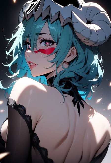 (masterpiece), (best quality), (ultra-detailed), 
1girl, solo,  gorgeous lips, an elegant face, 
light particle, particle, shadow, nelliel tu odelschwanck, bleach, detailed lips , black detailed pupils, from back, back,