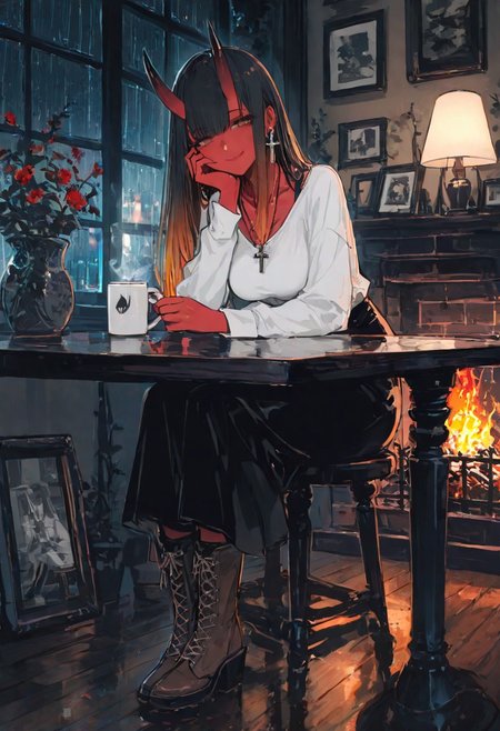masterpiece, best quality, Good quality, very aesthetic, absurdres, newest,1girl, light rays, looking at viewer, solo, 
Cinematic Lighting, gradient color, artist:john_kafka,
BREAK
masterpiece, amazing quality, best quality, ultra-detailed, 8K, illustration, CG, ultra-detailed-eyes, detailed background, eyelashes, erotic, looking seductive, coy. dynamic action image, detailed face, detailed eyes, direct mesmerizing gaze, mature female, medium breast, shiny texture
BREAK
(sexy, slutty, hot, aroused), 
Aka-Oni, oni, colored skin, red skin, smooth horns, black horns,
BREAK
long hair, looking at viewer, smile, shirt, skirt, long sleeves, holding, closed mouth, jewelry, sitting, brown eyes, white shirt, full body, flower, earrings, boots, indoors, black skirt, black footwear, necklace, bag, cup, window, night, brown footwear, chair, table, plant, fire, holding cup, steam, hand on own face, cross-laced footwear, reflection, rain, head rest, wooden floor, mug, hand on own cheek, potted plant, lamp, hand on own chin, stool, coffee, picture frame, vase, coffee mug, drawing \(object\), cafe, wooden table, fireplace, limited palette,