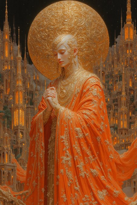 This is a highly detailed manhwa-style oil painting portraying an elegant, pure-white-skinned woman standing in a breathtaking, futuristic cityscape at night. She is draped in a luxurious, flowing orange robe adorned with intricate golden embroidery and elaborate patterns, cascading to the ground with regal grace. An ornate golden crown rests atop her head, complemented by a multitude of shimmering golden accessories—bracelets, necklaces, and delicate chains—enhancing her divine presence. Her expression is serene and introspective, eyes gently closed, with her hands delicately clasped in front of her, exuding an aura of wisdom and mystique. The background presents a luminous, futuristic metropolis infused with radiant golden and fiery orange hues, its towering, complex structures aglow with warm, golden illumination. The skyline is a marvel of sharp, angular architecture, where vibrant, glowing windows carve an intricate symphony of light against the darkness. Above, a massive, ethereal moon casts a celestial glow, amplifying the surreal grandeur of the scene. The painting's style is rich in texture, depth, and realism, with every fold of fabric, every gleaming ornament, and every radiant light meticulously rendered to craft an awe-inspiring, immersive masterpiece.