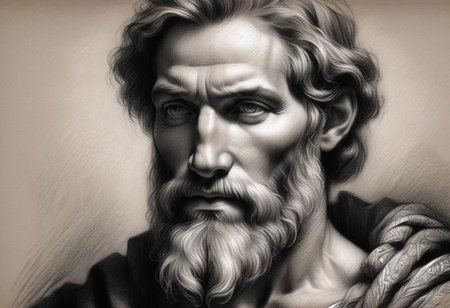 (masterpiece), 
Black and white Renaissance drawing of a mid-age bearded man,
Black and white tones,
HDR, highly detailed, 32k, 
looking at viewer, Style-Renaissance