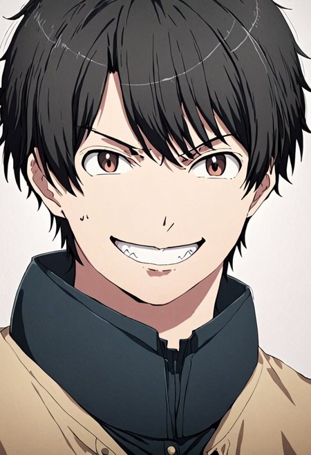 high resolution, solo, best quality, 1Boy, Inaho Kaizuka, Black Hair, portrait, looking at viewer, angry, smile, plain background, OverallDetail
