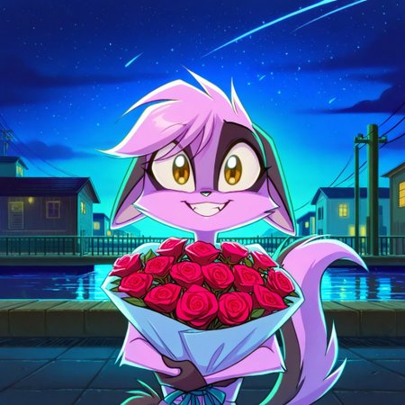 1girl,solo,furry,pink fur,tail,ears,source_furry,
,<lora:Viriathus_Vayu_illustrious:0.8>,
child, kid,  docks,
holding bouquet,bouquet, bouquet of roses, mouth open, happy, cute, ((holding roses)), (((giving flowers to viewer))), looking at viewer, holding roses, night, smiling, upper body, presenting roses, many roses,