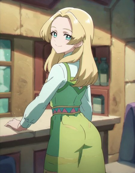 score_9, score_8_up, score_7_up, anime screencap, solo,1girl,smile, long sleeves, green dress, long hair,  looking at viewer, blonde hair, shirt, aqua eyes, cowboy shot,from behind,ass,green skirt,<lora:aunete:0.8>