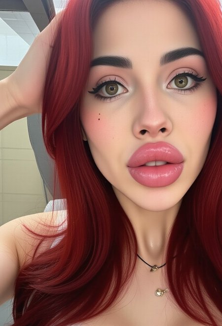 The image is a high-resolution photograph of a young woman KTNK with a fair complexion and long, wavy, deep red hair. She has striking, almond-shaped green eyes accentuated with heavy eyeliner and mascara, giving her a dramatic look. Her eyebrows are well-groomed, and she has a few small freckles on her cheeks. She has gigantic breasts , bimbo