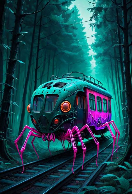 abstract, neon train with spider legs in a forest