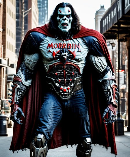 raw photo,cinematic shot,photorealistic,full body,robotic body cybermutant morbius wearing a chestplate as he prepares to morb as he holds up a poster reading "MORBIN TIME",<lora:Cyberfleshmutant-000002:0.85>