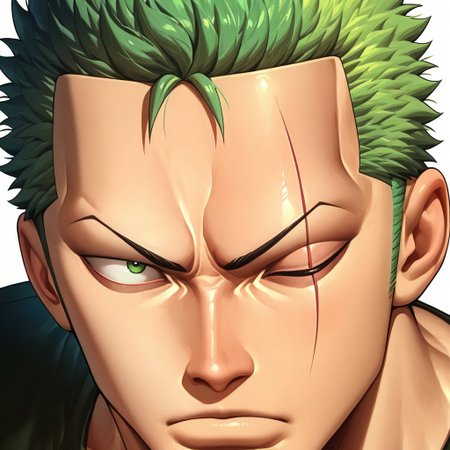 masterpiece, best quality, newest, absurdres, highres, ArcaneEyes-IL, 1boy, Zoro /(one piece/), green hair, one closed eye, one eye open, scar over eye,