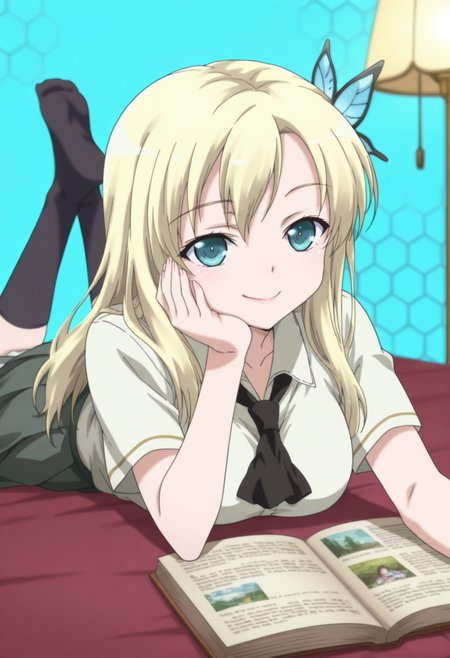anime screencap, anime coloring, ,     <lora:DX888Sena:1> kashiwazaki sena, aqua eyes, blonde hair, long hair, butterfly hair ornament, school uniform, white shirt, ascot, pleated skirt,  BREAK  aqua background, honeycomb background,( simple background:1.2), BREAK       1girl, book,  closed mouth, depth of field, hand on own cheek, hand on own face, head rest, lamp, lying, no shoes, on stomach, open book, reading, smile, soles, solo,