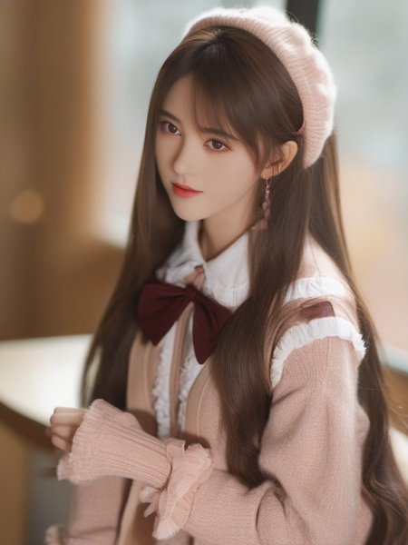 masterpiece, best quality, girl, long hair, looking at viewer, brown cardigan , frilled socks, hair_bow, bowtie, in winter, blush, sweater dress, ,<lora:sl_btf:1>
