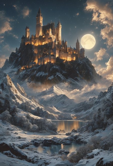 A captivating night scene illustration featuring a grand yet comfortable fortified castle  standing tall on a rocky and snowy mountain. The castle, adorned with multiple windows, emits a warm glow, highlighting its intricate architecture and rich history. The snow mountain is covered in great pine trees, reflecting on the calm, moonlit snow  that mirrors the silvery moonlight. The full moon graces the sky, casting an ethereal glow on the clouds and mountain, while wispy clouds partially obscure its brilliance, adding to the scene's mystique. Twinkling stars dot the sky, creating a celestial tapestry that harmonizes with the moon's radiance. This enchanting artwork captures a serene and peaceful night, where the illuminated castle  stands resolute amidst the celestial beauty, creating a cinematic experience., illustration, cinematic
<lora:DonM3t3rn1tyXL-v1.1:0.7>, DonM3t3rn1tyXL,
OverallDetailXL  <lora:MJ52:0.3>  <lora:SDXLFaeTastic2400:0.4>  <lora:EpicF4nta5yXL:0.7>