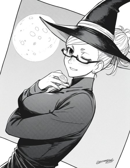score_9, score_8_up, score_7_up, source_anime, <lora:seiko-ayase-manga-ponyxl-lora-nochekaiser:1>, seiko ayase, long hair, large breasts, monochrome, greyscale, earrings, glasses, hair bun, semi-rimless eyewear, under-rim eyewear,, <lora:witch-ponyxl-lora-nochekaiser:1>, witch, hat, witch hat, dress, halloween, halloween costume, jewelry,, night, moon, blush, smile, one eye closed,, , dutch angle, cowboy shot