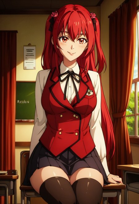 score_9, score_8_up, score_7_up,
masterpiece, best quality, detailed, amazing quality,
detailed face, beautiful color,
detailed background, 
solo, 1girl, amelia_rose, red hair, uniform, thighhighs, smile, blushing, sitting on school chair, writing in notebook,
kyoushitsu, classroom, indoors, school chair, school desk, chalkboard, window, ceiling light, curtains, tree,