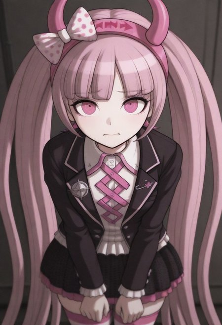masterpiece, best quality, amazing quality, kotoko, pink hair, pink eyes, long hair, very long hair, twintails, blunt bangs, horned hairband, bow,
