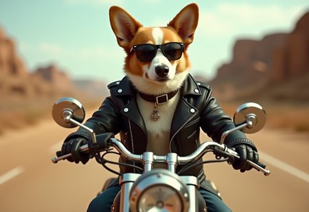Feral corgi in biker glasses and a biker jacket rides a biker motorcycle in Texas. Realism, masterpiece, vignette.
