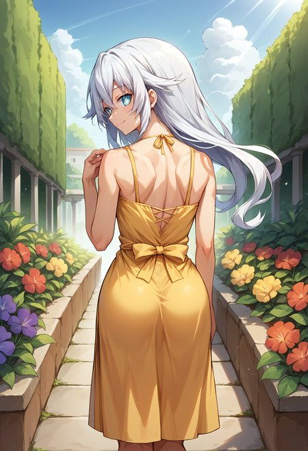 score_9, score_8_up, source_anime, 1girl, solo, BlackHeart, power symbol-shaped pupils, from behind, yellow sundress, garden, day, sunshine, smile, looking back, <lora:ChamBlackHeartPonyXL:1>