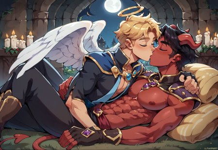 8k, score_9, score_8_up, score_7_up, masterpiece, 2boys, duo, muscular twinks, broad shoulders, slim waist, lean, young, handsome, cute face, 
(L1AM, demon boy, black hair, yellow eyes, red skin, black demon wings, demon horns, pointy tail, intricate black robe, red capelet, red sash, gold trim, purple gem amulet, fingerless gloves, bracers, thighhigh boots),
(N0AH, angel boy, blonde hair, purple eyes, (white angel wings), halo, intricate white robe, shoulder pads, blue capelet, blue sash, sapphire amulet, fingerless gloves, bracers, thighhigh boots),
gay, wild kiss, closed eyes, kiss, lying on the ground, couple focus,
cathedral ruins, indoors, in the night, nighttime, moon, lit candles. dark city in the background,