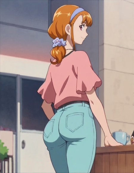 score_9, score_8_up, score_7_up, anime screencap, solo,1girl,asahinakyouko, hairband,necklace, jewelry, pants, smile, shirt, looking at viewer, pink shirt,  short sleeves,cowboy shot,from behind,bent,huge ass,<lora:asahinakyouko:0.8>