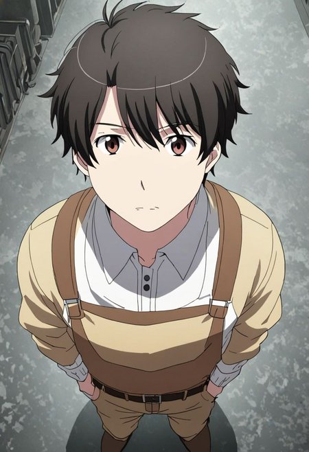high resolution, solo, best quality, 1Boy, Inaho Kaizuka, Black Hair, Brown Eyes, standing, straight facing upwards, casual, seen from above, arrogant face, dominant, intimidate, OverallDetail
