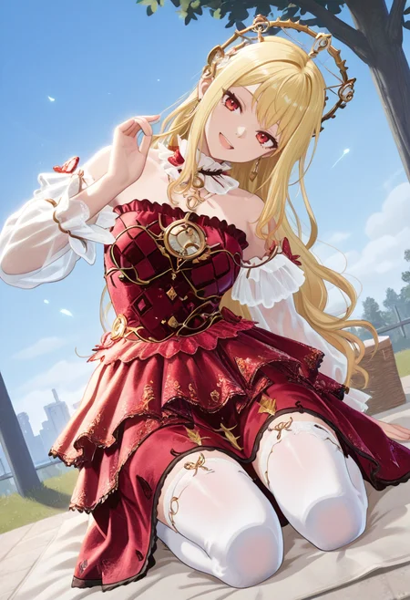 1girl, solo, anime coloring, anime artwork, unholy-aesthetic, masterpiece, best quality, newest, absurdres, highres, safe, CG, cinematic lighting, natural shadow, highest detail, detailed background, intricate scenery, depth of field, insane details, intricate, subsurface scattering, very aesthetic, serene atmosphere, artistic rendering, dramatic contrast, luminous elements, soft painterly texture, striking visual design, finely detailed face, beautiful face, (dutch angle, cinematic angle:3), looking at viewer, safe, sfw, intricate scenery, architecture,
garden, tree,
day, blue sky, clouds, bird, under tree,
cake, happy smile,
seated, (seiza:2.0), on picnic blanket, seiza, leaning to the side, arm support,
picnic, picnic blanket, picnic basket,
<lora:kaelaIL:0.55> kaelaIL, long hair, red eyes, blonde hair, tsurime, half open mouth,
<lora:wishfulaurosaXLNAI:1.4> wishful aurosa,dress,earrings,see-through sleeves,detached sleeves,strapless dress,dress flower,(white thighhighs:3),print thighhighs,frilled dress,see-through dress, red dress, (white color on upper part of the dress:2), white sleeves, red skirt top, white skirt bottom
