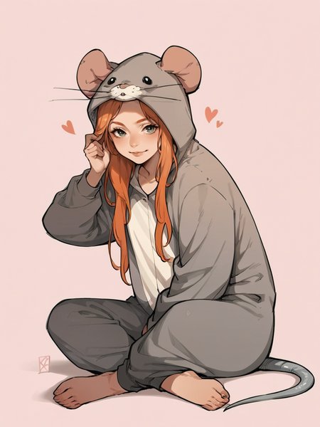 score_9, score_8_up, score_7_up, score_6_up, score_5_up,  <lora:ratonsieXLP3:1> rat onsie, barefoot, animal costume, tail, 1girl, ginger hair, sitting, heart, pink background,