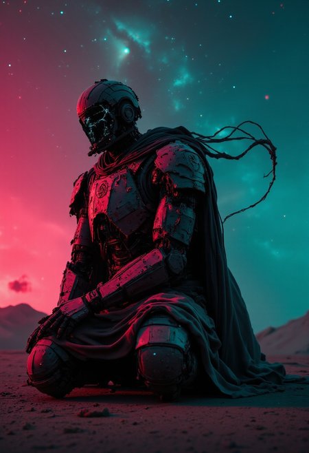 A desolate robotic soldier, a broken remnant of war, kneels in solemn silence. His once-mighty armor, now corroded and shattered, clings to his hulking frame—fragments of reinforced plating barely holding together, revealing exposed circuitry that flickers like dying embers. The faded insignia of a forgotten army is etched into his chest, scarred by battle, his tattered synthetic cloak draping over his massive shoulders like the last vestige of honor.
His face, a fractured metal mask with deep cracks, stares skyward, its hollow optics dimly glowing—one eye flickering weakly, the other shattered, leaking faint electric arcs. 
The world around him is bathed in dystopian atmospheric light—an eerie blend of neon pinks, blues, and greens illuminating the cracked asphalt beneath him, glitching and flickering like a failing reality. The air hums with digital distortion, broken transmissions of long-dead comrades echoing in the void. The background stretches infinitely into the cosmic unknown—swirling galaxies and neon storms merging into a tapestry of forgotten time.
Shadows engulf his form, contrasting starkly against bleached red highlights that cut through the deep greys and blacks, casting a haunting glow over his fractured frame. The perspective, slightly below, amplifies his solemn presence—a warrior lost to time, kneeling before an empty sky, waiting for orders that will never come.
