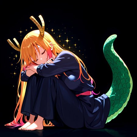 masterpiece, best quality, simple illustration, Tohru_(Maidragon) , full body, solo, dark background, sparkles, vivid colors,  tail ,happy, sitting