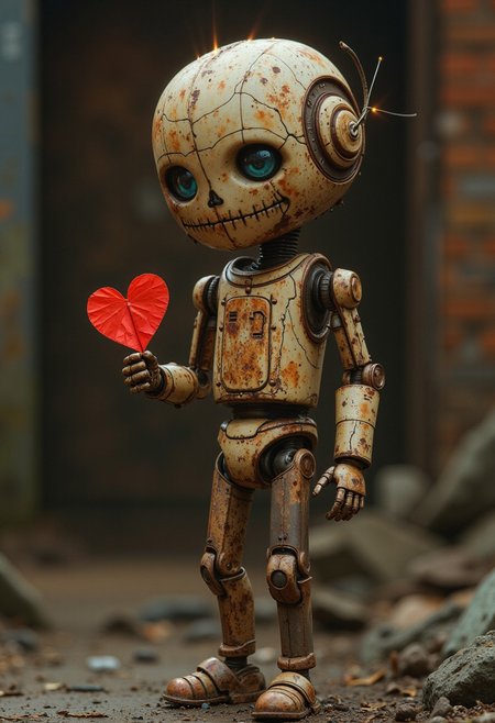 a little girl robot with traces of rust, a broken right arm, a damaged body, in the cracks you can see electric sparks, and lively human blue eyes. She stands limping on her right leg and with an expression of naive sincere joy on her face, she hands the viewer a Valentine in the shape of a heart made of newspaper. Against the background of a slum in the factory district of London.