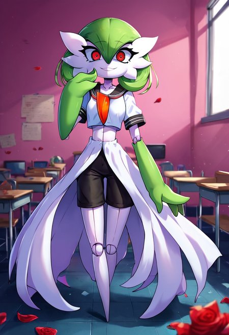 (((gardevoir))), female, anthro, pale white skin, score_9, score_8_up, score_7_up, source anime, , background, fancy school, classroom,, crazy, yandere, looking at viewer, depth of field, highly detailed, , green hair, red eyes, short hair with long locks, crazy eyes, Living Doll, looking at viewer,  solo, cowboy shot, full body,  horror, roses, black shorts, sailor shirt, doll, joints, bowing, smile,  detailed eyes, cute face,, (Masterpiece), (expressive eyes),