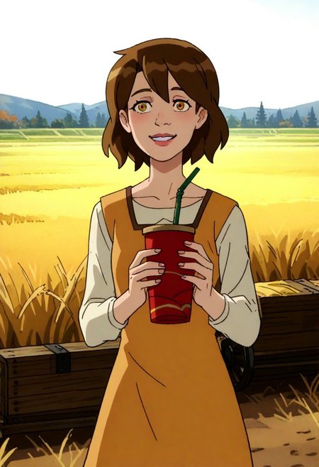 A charming rural illustration showcasing a bright and lively countryside scene. . To the left  stands a young girl, depicted with medium-length, wavy brown hair, wearing a simple orange dress. She holds a stick with a red leaf attached, interacting playfully with the grass. Her facial expression is cheerful, reflecting a sense of joy and connection with the animals.
The background is characterized by rolling fields of golden rice paddies on the right and neatly stacked straw bundles on the left, signifying the harvest season. A wooden cart laden with hay is positioned slightly off-center on the dirt path, adding to the rustic atmosphere. Beyond, a small cluster of white farmhouses sits at the base of forested hills, with green and autumnal trees blending harmoniously.