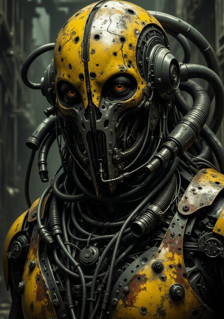 A hyper-realistic portrait of a damaged, biomechanical cyborg male, facing the viewer. His rusted, broken helmet, with peeling yellow, red, and black paint, reveals corroded metal beneath. No eyes or mouth are visible behind the split face shield. His exoskeleton fuses with alien tissue, combining decayed metal, cracked bone, and organic material. The body is covered in pipes, tubes, and cables, adding to his menacing, predator-like appearance. The background is a post-apocalyptic industrial landscape, subtly contrasting with the rusted, decayed killer machine.
<lora:artisketchyfs-v02:0.9>
<lora:Fantasy and Sci-Fi Art Flux:0.75>
<lora:The_Dark_Side_Of_The_Future:0.33> 
<lora:dystopia:0.4>