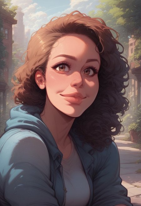 (score_9, score_8_up, score_7_up), 1girl, youthful woman, face focus, dark-haired, athletic build, sitting cross-legged, smiling warmly, brown eyes, casual blue hoodie and jeans, relaxed, close-up shot, detailed background, urban rooftop at sunset with city skyline.