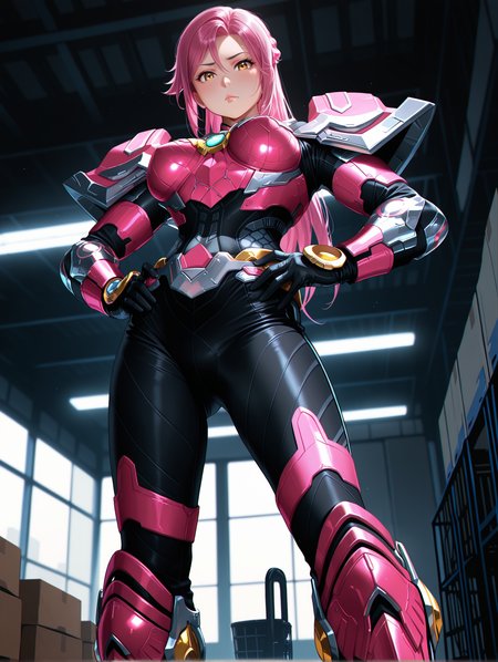 masterpiece, best quality, good quality, very aesthetic, absurdres, newest, 8K, anime screencap, detailed background, offical art, very aesthetics of fine arts, <lora:spo_sdxl_10ep_4k-data_lora_webui:1>, embedding:IllusP0s, embedding:Smooth Quality, 
1girl, solo, <lora:TIANYU_IL:1>, tianyu/(ultra beast force/), pink hair, blonde eyes, enhanced eyes, lips, power armor, power boots, black bodysuit, medium breasts, chest jewel, tokusatsu, <lora:handPatchUnet:1>, detailed_hands, elegant_fingers, (cute:1.2), (sexy:1.2), Enchanting Eyes, balanced figure, looking at viewer, pouting, standing, from below, warehouse, hands on hips