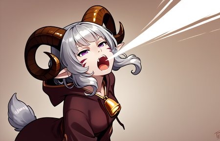 <lora:breath_weapon:0.8> breath_weapon:1.5, energy_beam:1.9, breath from mouth,  (green:1.4  breath) :1.4, breath_up, head up, from above  ,fang, cowboy shot, dust,
solo,<lora:whisker_markings:0.8>red whisker_markings, 
source_furry, score_7_up, rating_safe, gold necklace, tiefing, short pointed ears, brown horns, (a pair of brown sheep Horns that begin at her temples and curve back: 1.5), bangs, long silver hair long wavy hair, pale skin, short pointy ears, purple eyes, <lora:age_slider_v4:0.6>   medium breasts, skinny female, silver hair, <lora:Tieflingnew weird fantasyDND:0.3> Tiefling, pointed ears, horns, half-closed eyes<lora:Smooth Style 2 SDXL_LoRA_Pony Diffusion V6 XL:0.5> bell, robe, hood off <lora:energy_beam:0.7>