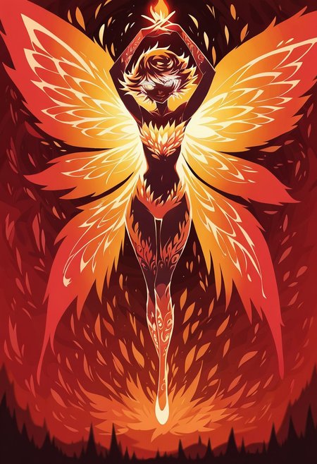 score_9, score_8_up, score_7_up, TKMND, Anime Style, Full Body Shot, neon, red theme, orange theme, fire fairy, cute, seductive, light smile:0.3, plump lips, slender body, french bob copper hair, silver eyes, intricate, big detailed flaming wings, symmetrical wings, glowing, magic, arms raised, dynamic pose, dramatic angle, chromatic aberration, colorful, bright colors, moonlight passing through hair, enchanted forest background, detailed background,depth of field, dynamic angle, fashion photography, sharp, hyperdetailed:1.15