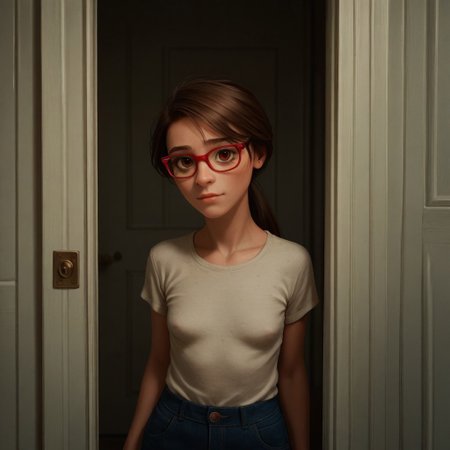 score_9, score_8_up, score_7_up, score_6_up, score_5_up, score_4_up, 1girl, Ji_llA, red framed eyewear, ponytail, portrait, small saggy breasts, older woman, leaning against a doorway, sexy pose, content look