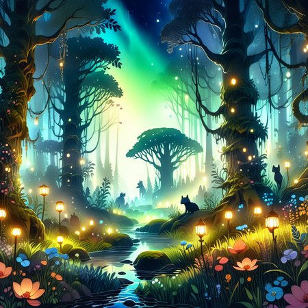 best quality, high resolution, Highly detailed Dynamic shot, SoftWaterColors, a serene forrest at night, old forest, high trees, calm lighting, glowing flowers in various colors, (aerial shot: 1.5), intricate details, Depth of field, silhouettes of small animals, BREAK,
 <lora:SoftWatercolors:1>,  <lora:SDXLFaeTastic2400:0.8>