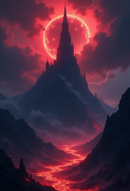 a dark fantasy tower, situated at the peak of a steep mountain, surrounded by rivers and lakes of boiling magma, silhouetted against a stormy sky, with clouds of dark red, purple and dark blue swirling round a black hole, forks of lightning striking down. High Detail, Perfect Composition, fantasy art poster image, red, purple and dark blue themes, interesting backlighting, high contrast