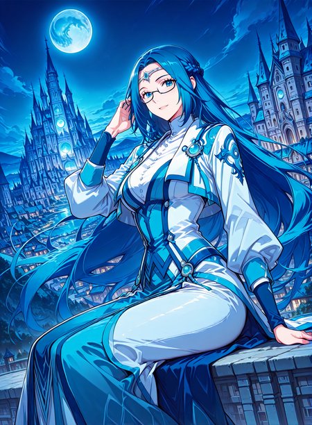 <lora:Ruo_Ling__Battle_Through_the_Heavens__Illustrious:1>
1 girl, solo, blue eyes, very long hair, blue hair, french braid, half updo, 
dress, long skirt, long sleeves, bottons, circlet, jewelry, glasses, semi-rimless eyewear,  
score_9, score_8_up, score_7_up, very aesthetic, source_anime, detailed, high quality, beautiful, masterpiece, detailed eyes, castle, village, blurry background, cityscape, pose dynamic angle, light smile, open mouth, hand on hair, sitting, floating hair, looking at viewer, night, blue sky, blue moon, <lora:iLLMythG0thicL1nes:1>