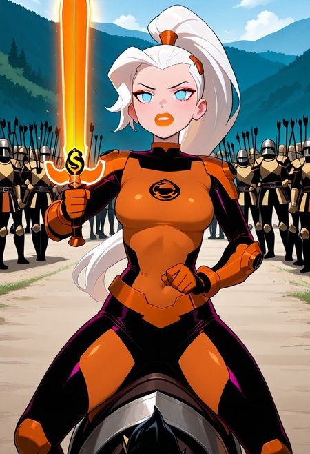 masterpiece, best quality, amazing quality, very aesthetic, absurdres, newest, ((screencap, parody, cartoon))
drewsat, 1girl, long hair, white hair, ponytail, blue eyes, makeup, lipstick, eyeshadow, 
armor,, orange bodysuit
expressive face, 
riding horse, medieval armor, holding orange sword, glowing sword, army, medieval battleground, dull sky, arrows,