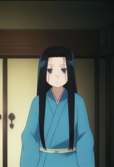 Masterpiece, Top Quality, source_anime, anime screencap, source_anime, auratheguillotine, anime screencap, masterpiece, source_anime, shiny skin,,,,anrakutei, blue_eyes, black_hair, very_long_hair, blue_kimono, long_sleeves, wide_sleeves,