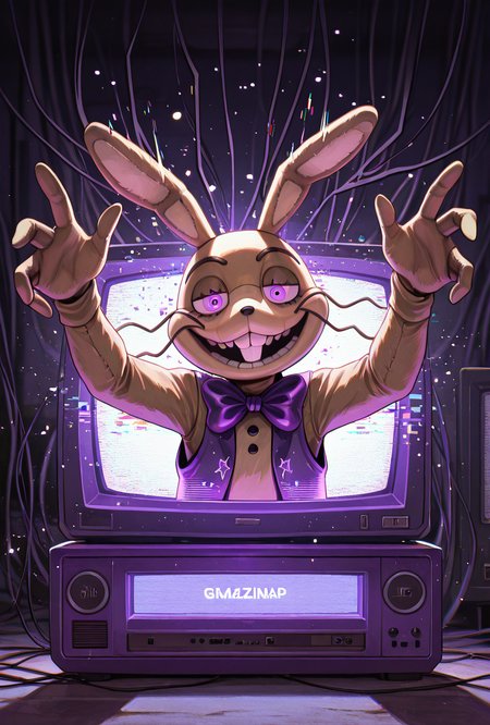 <lora:glitchtrap-04:1> glitchtrap, smile, purple bowtie, purple vest, , furry, 1boy, rabbit ears, dynamic pose, glitch effects, glitch particles  , coming out of tv, crt tv, tv screen,, masterpiece, best quality, amazing quality, very aesthetic, absurdres, newest,