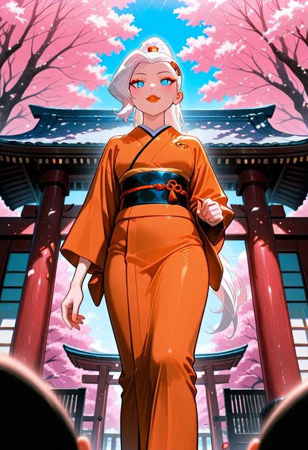 masterpiece, best quality, amazing quality, very aesthetic, absurdres, newest, ((screencap, parody, cartoon))
drewsat, 1girl, long hair, white hair, ponytail, blue eyes, makeup, lipstick, eyeshadow, 
pink petals, falling metals
expressive face, 
japanese village, walking in japan, japanese gate, orange kimono, from below, pink trees, foreground blur, depth of field,
